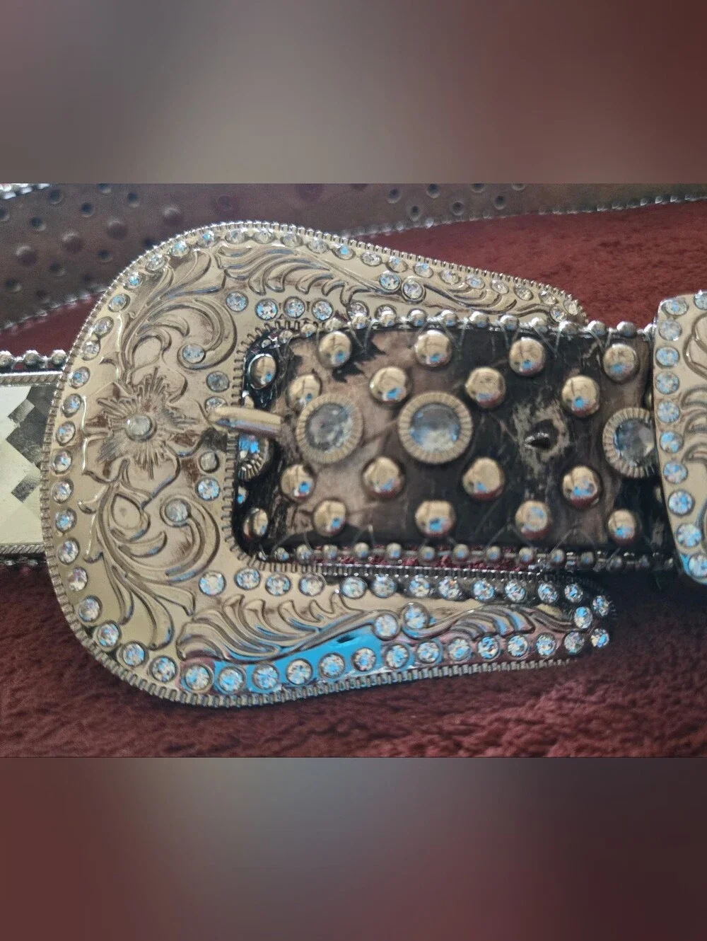MONTANA WEST Women's Rhinestone Embellished Western Camo Belt. Silver. LG. EUC!
